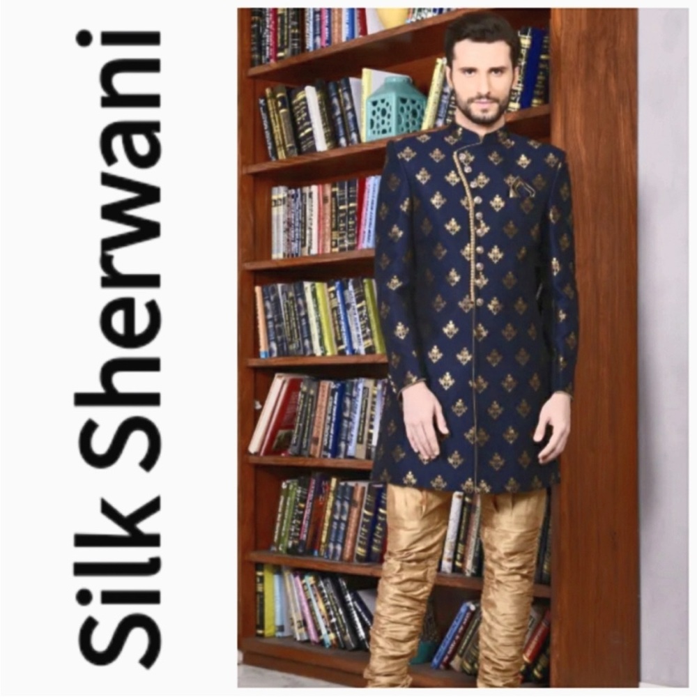Art Silk Sherwani Navy/Gold, Beige/Gold Breeches